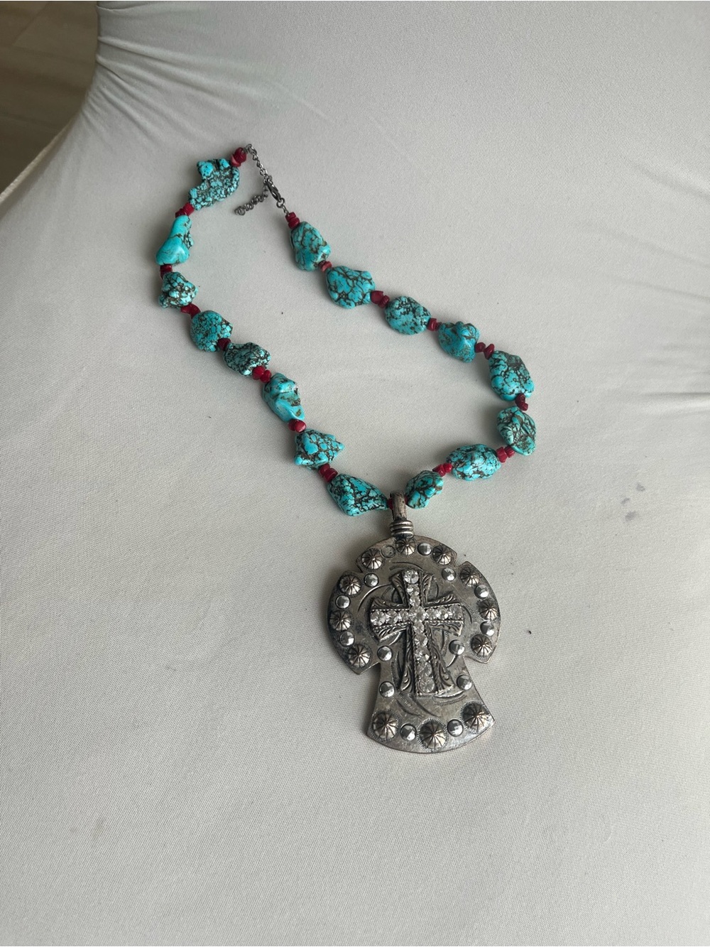 Turquoise and Red Beaded Necklace with Silver Cross Pendant - Women Jewelry